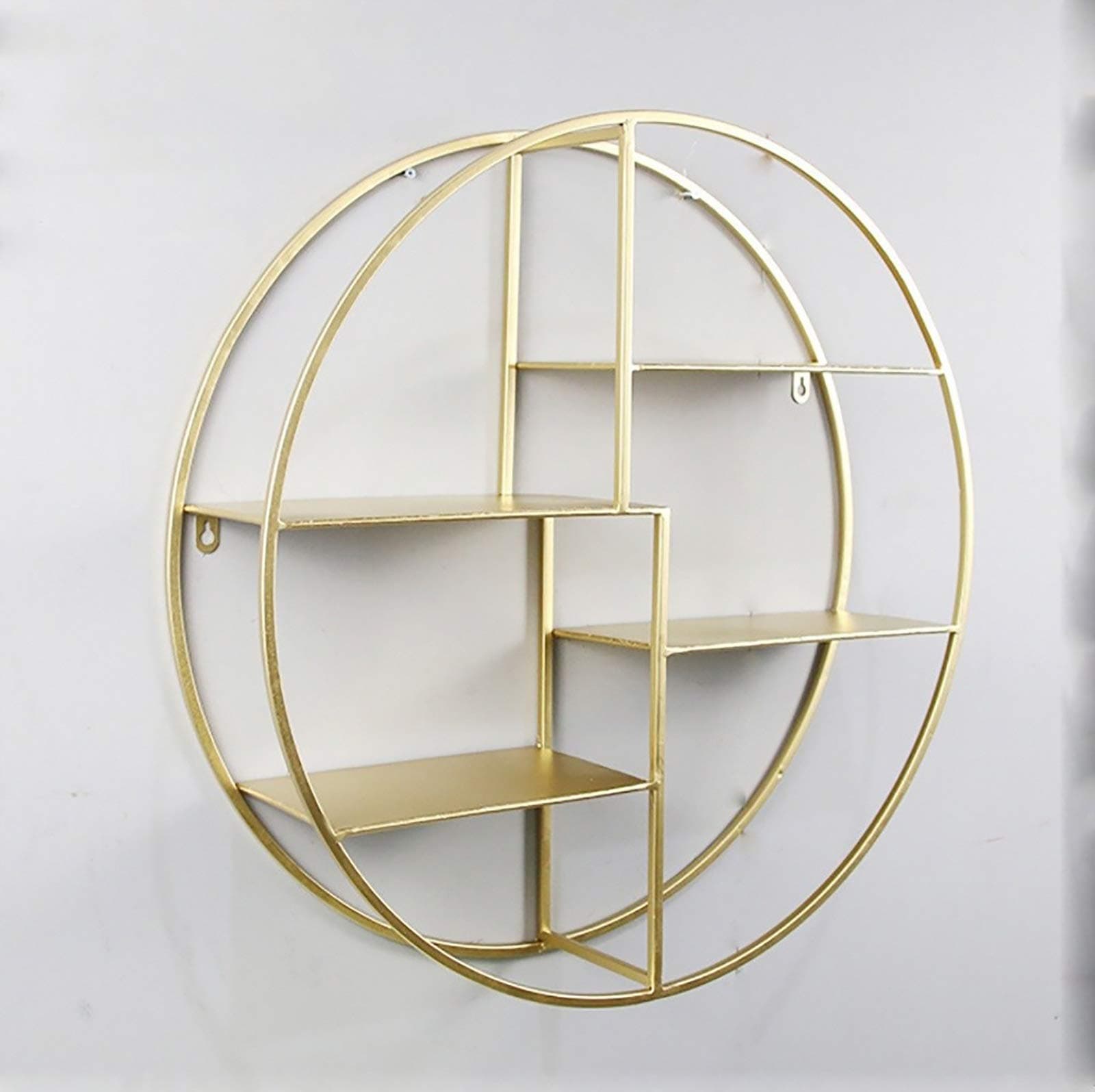floating shelves Industrial wind wall rack Vintage iron wall hanging racks Round living room wall display rack Decorative storage rack Wall-mounted bookshelf (Color : Gold)