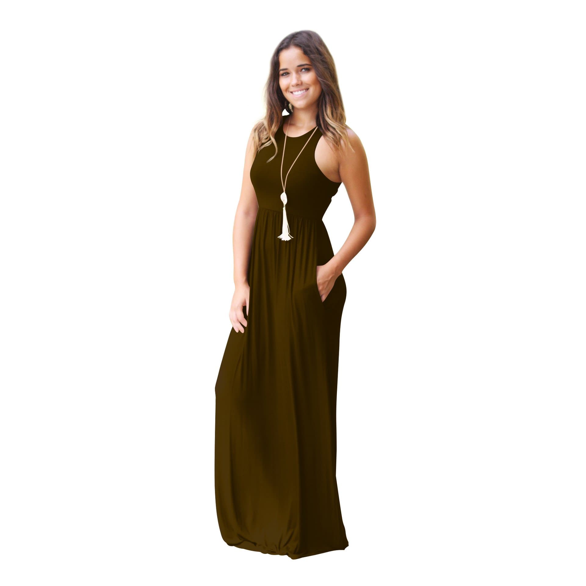 Minma Women Sleeveless Tunic Maxi Dress Racerback Plain Swing Maxi Dresses Casual Long Dress with Pockets