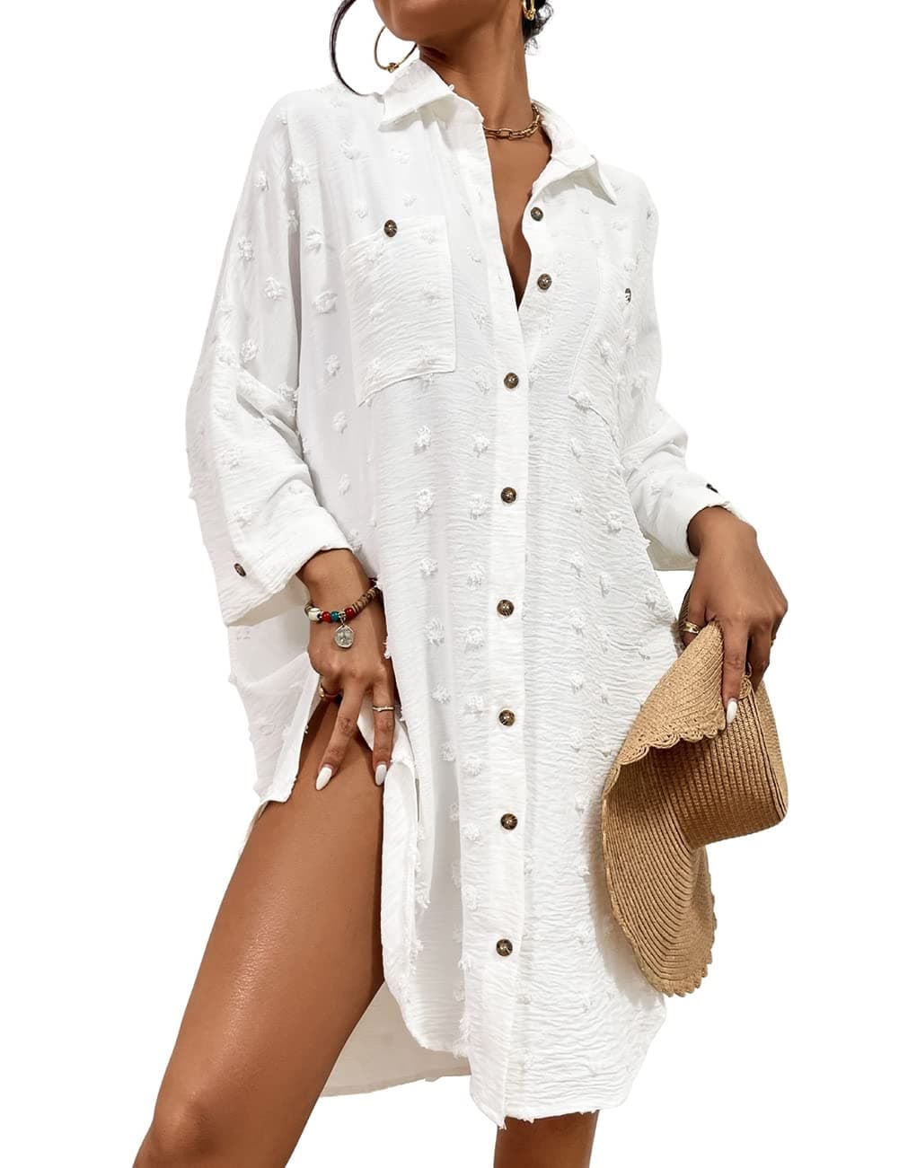 Swimsuit Coverup for Women Bathing Suit Blouse Button Down Shirt Dresses Swiss Dot