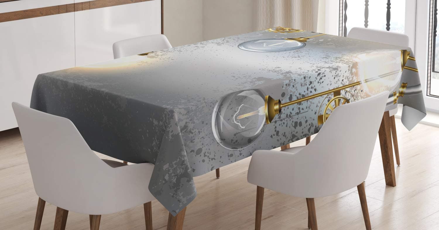 Ambesonne Industrial Tablecloth, Steampunk Style of Antique Composition with Brass Fastening Bulb Illumination Round Print of an Art, Dining Room Kitchen Rectangular Table Cover, 52" X 70", Gold Grey