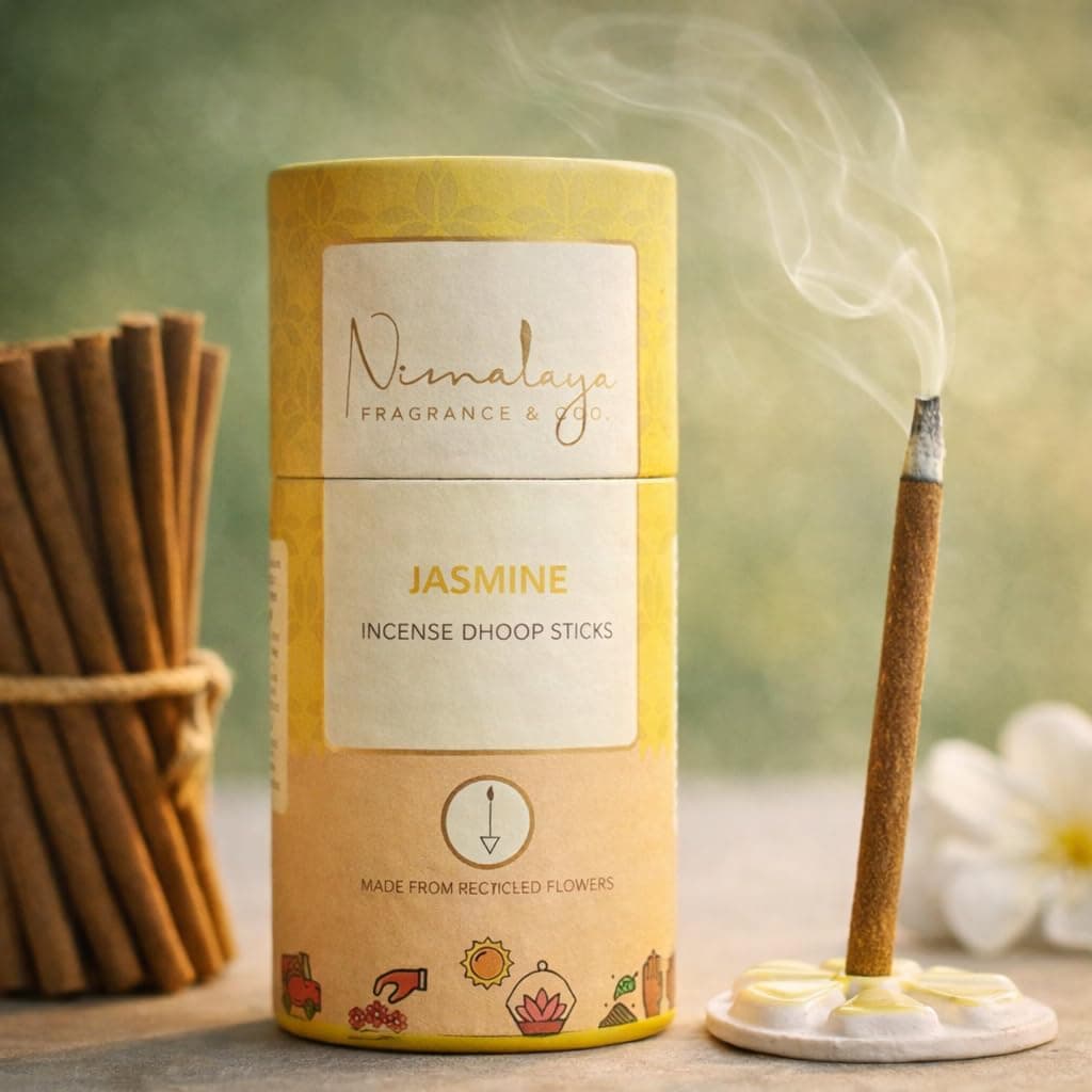 Nirmalaya Premium Jasmine Bambooless Dhoop Sticks (40 Sticks) with Ceramic Stand Sacred Temple Flower | 100% Charcoal-Free | for Pooja, Meditation, Yoga & Home Fragrance