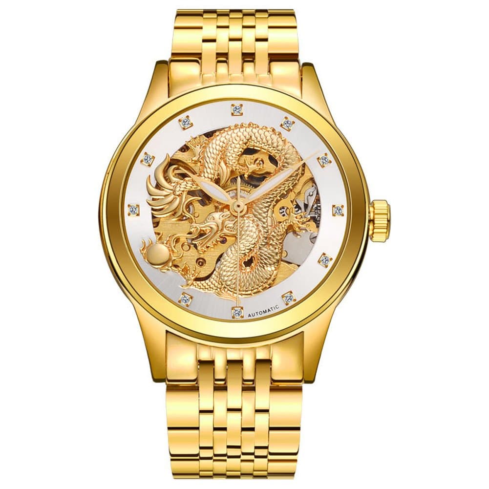 KTETA Mens Luxury Automatic Mechanical Dragon Skeleton Wrist Watches Gold Two-Tone Stainless Steel Analog Casual Watch