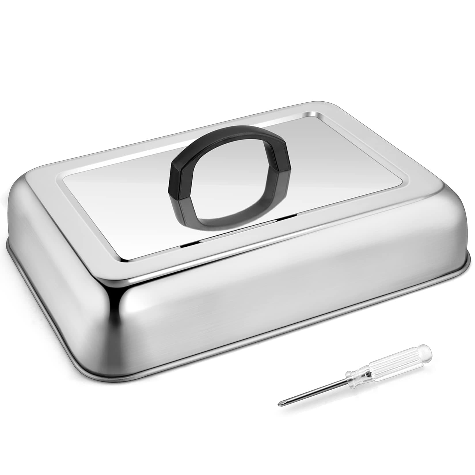 13 x 9.8 Inch Basting Cover Melting Domes, Joyfair Stainless Steel Rectangular Cheese Melt Lid for Outdoor/Indoor Flat Top Griddle, Heat-Resistant Handle & Screwdriver, Dishwasher Safe (No Vent)