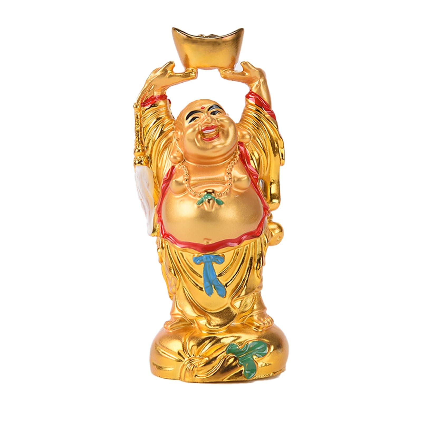 Resin Feng Shui Golden Laughing Buddha Holding Ingot Statue Wealth Luck Home Office Decor Collectible Gift 4.7'' TQZDBS014