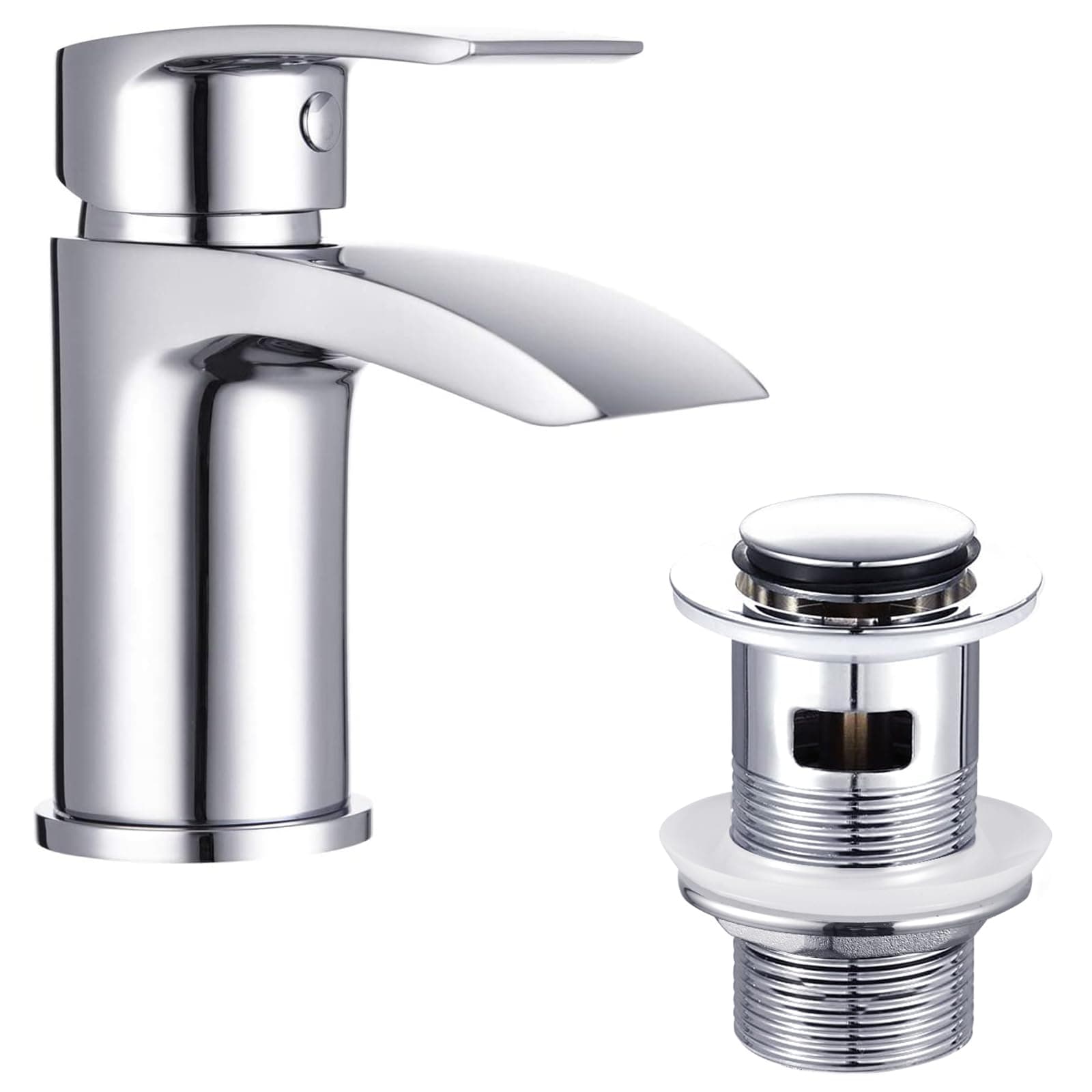 Basin Taps Mixer Waterfall Bathroom Sink Tap Mixers Mono Chrome with Pop up Waste Brass Single Hole Monobloc with Hoses G1/2'' Modern Round