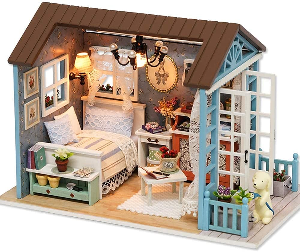 CUTEROOM DIY Miniature House Kit, Miniature House Kit, DIY Miniature House Kits with Furniture and LED Lights, 3D Wooden Dolls House Kits to Build for Teens Adults Birthday Merry (Blue Time)