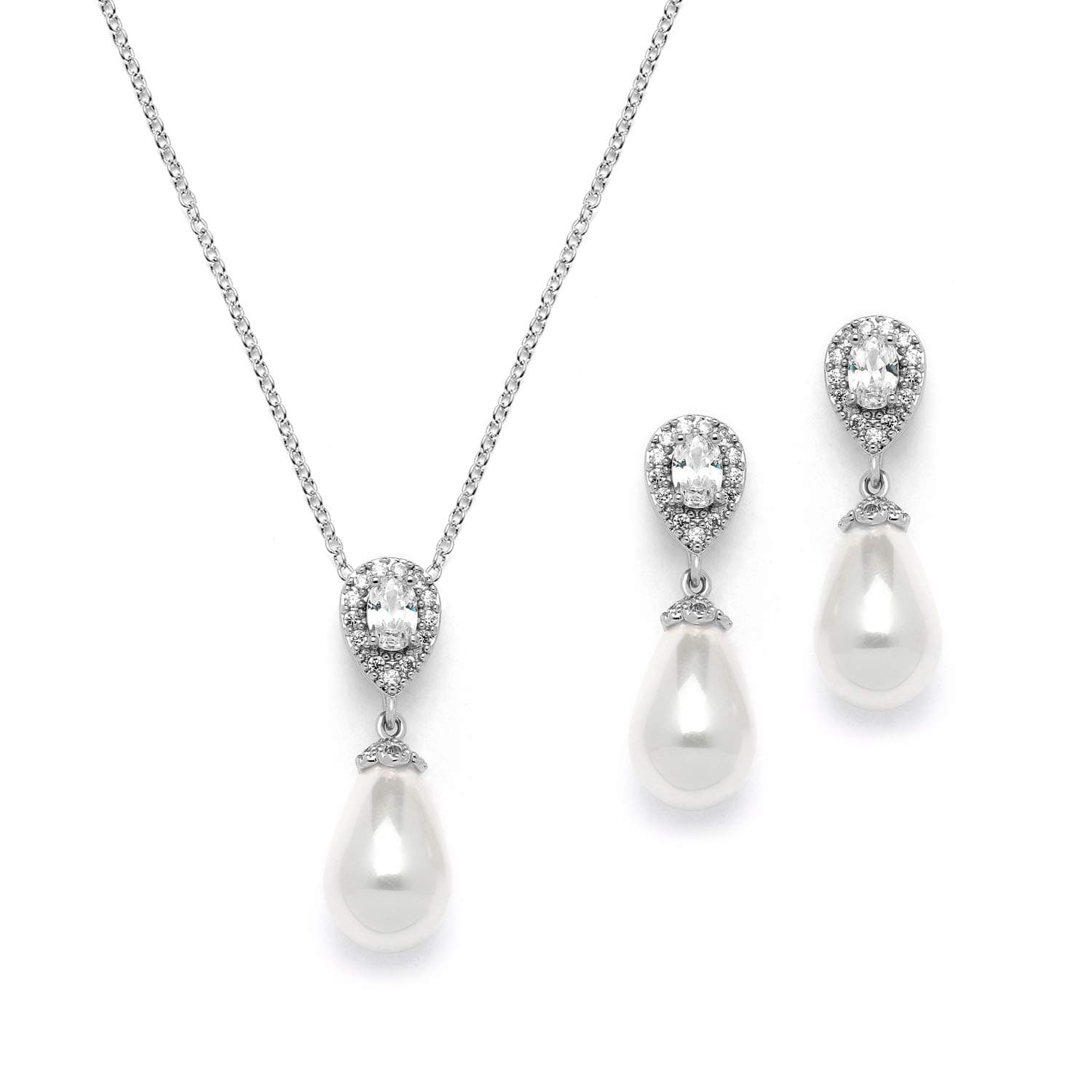 Pearl Drop Bridal Necklace and Earrings Set with CZ Crystals for Brides, Wedding, Birthday Gift