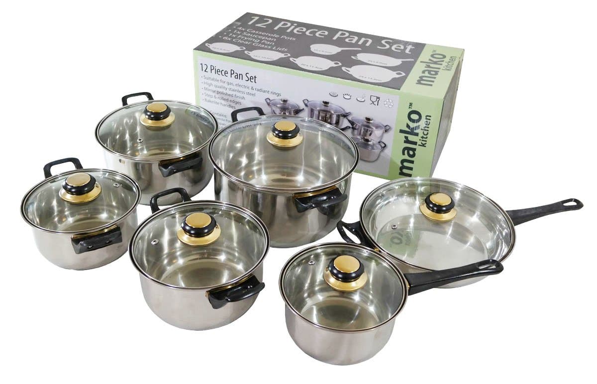 12 PC Stainless Steel Saucepan Pan Pot Set Cookware Glass Lidded Kitchen Cooking