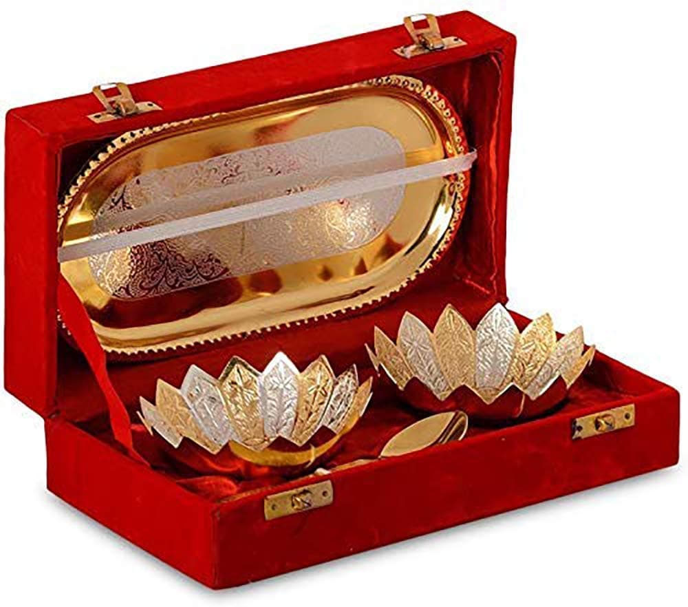 Fancy Metal Gold and Silver plated Floral Flower shape 5 Pieces Set 2 Bowls 2 Spoons 1 Tray in Red Velvet Box ideal for dryfruits party prop also known as pandan