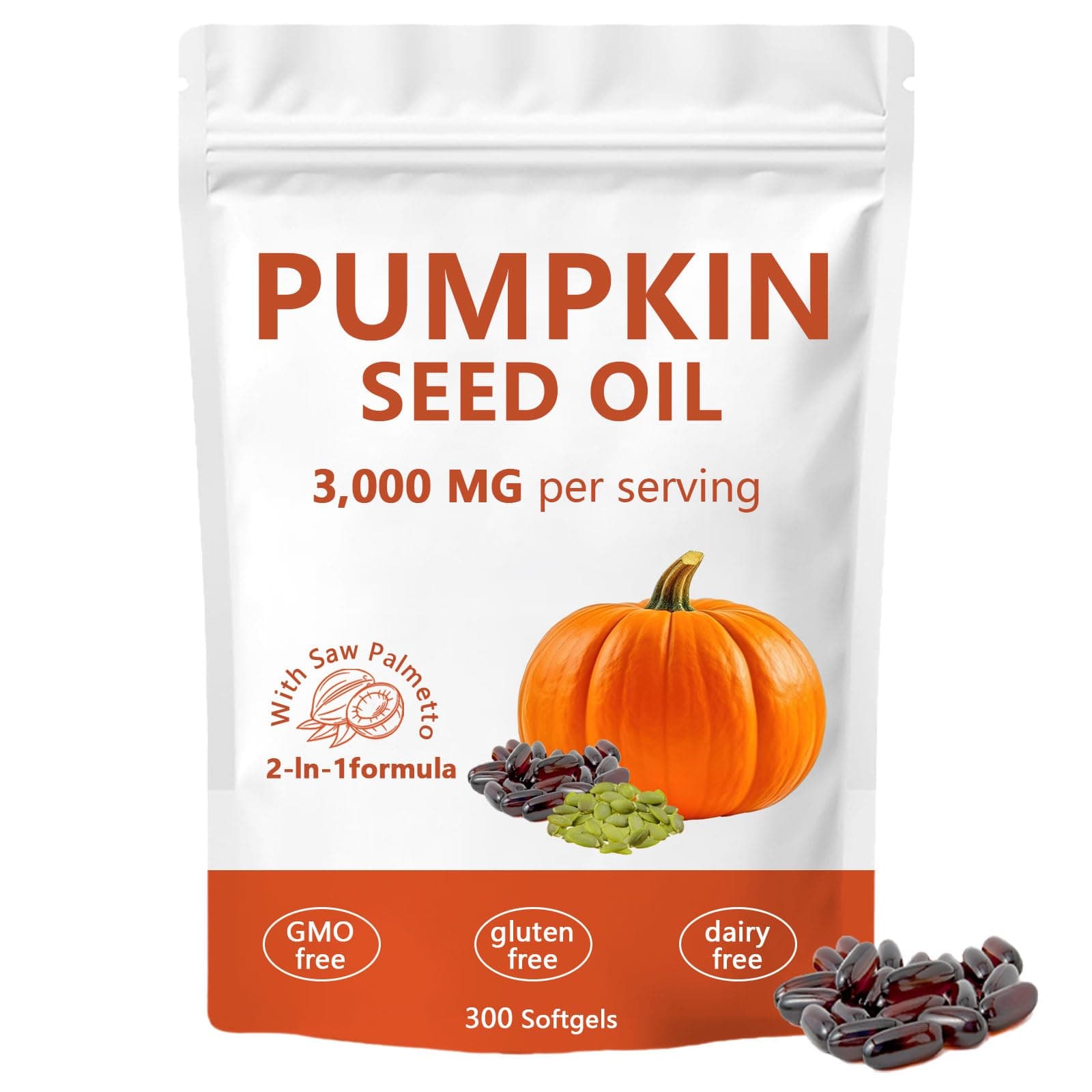 Ovela Pumpkin Seed Oil Capsules, Pumpkin Seed Oil 2 in 1 with Saw Palmetto, 3000mg Pure & Natural Supplement, Hair Growth, Skin Care - Non-GMO, Gluten - Free 300 Softgels