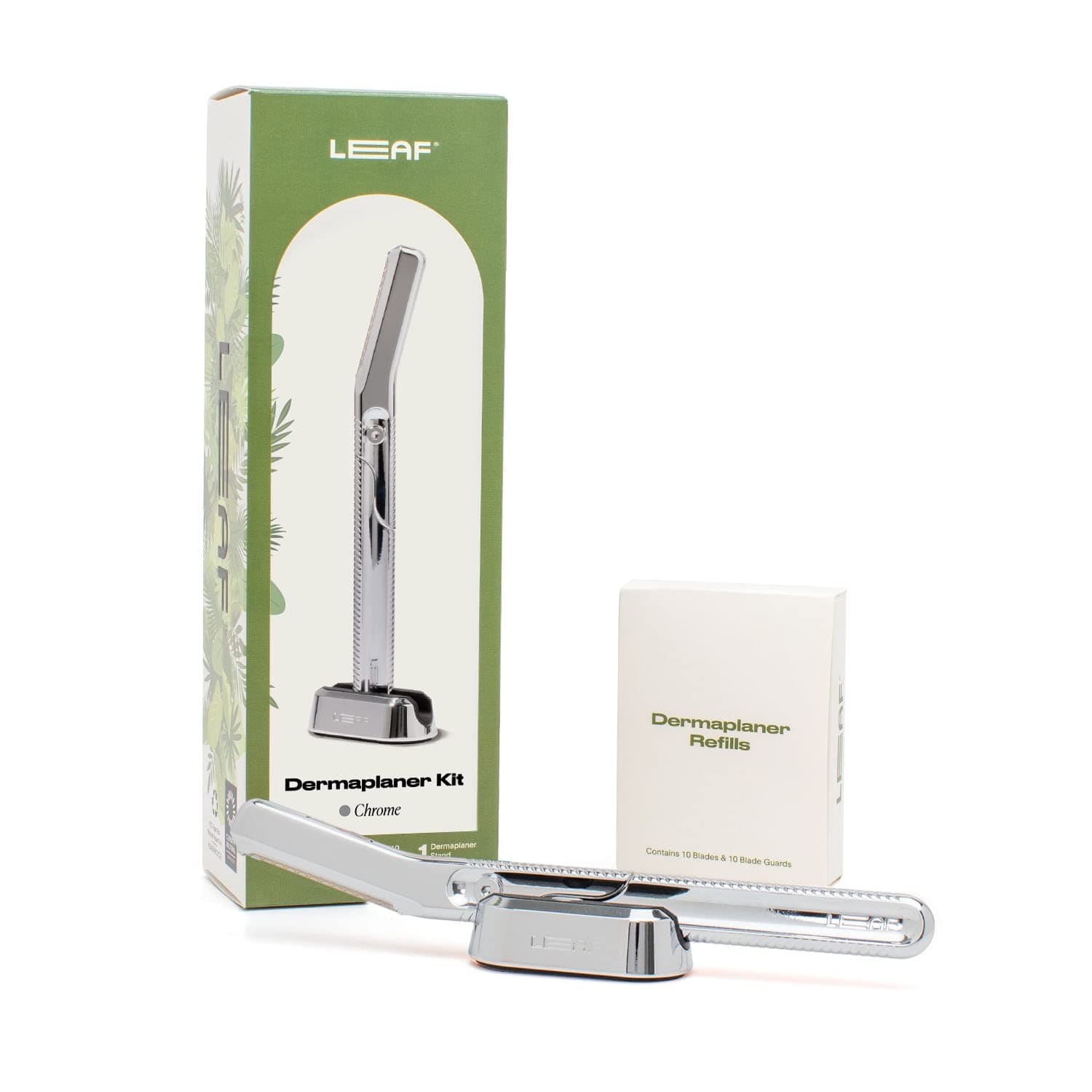 リーフシェーブ | リーフダーマプレーナーキット、クローム - 女性用オールメタルフェイシャルカミソリと角質除去ツール;ダーマプレーナー、マッチングスタンド、詰め替え10個パック付き