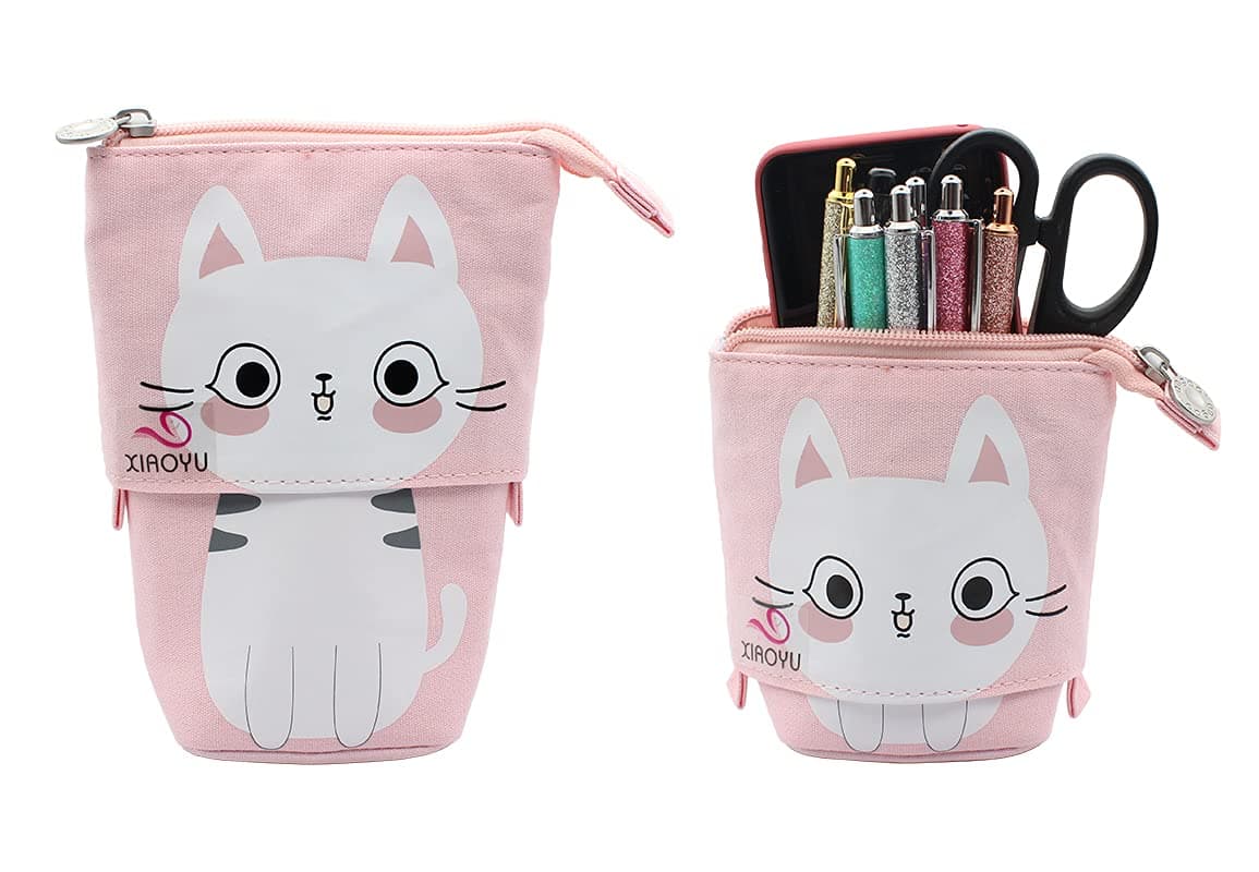 XIAOYU Telescopic Pencil Case Stand Up Pencil Bag Cute Animal Pencil Holder Canvas Cartoon Stationery Pouch Makeup Bags, Pink
