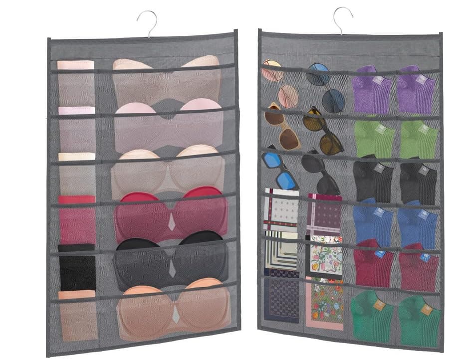 KKAERDIYA Soft Fabric Closet Organizer - Holds Shoes, Handbags, Clutches, Accessories - 10 Shelf Over Rod Hanging Storage Unit - Textured Print - 2 Pack (NEIYI-12-24G-2P-GY)