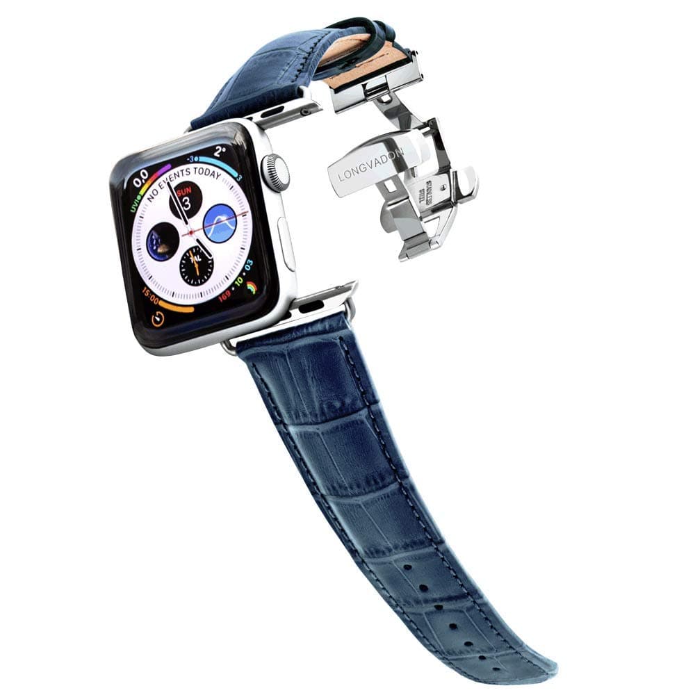Longvadon Leather Apple Watch Bands for Men - Compatible with Apple Watch Series 1-8 (42, 44 & 45MM) - Genuine Apple Watch Leather Band - Caiman Series - Navy Blue/Silver Details - XL Size