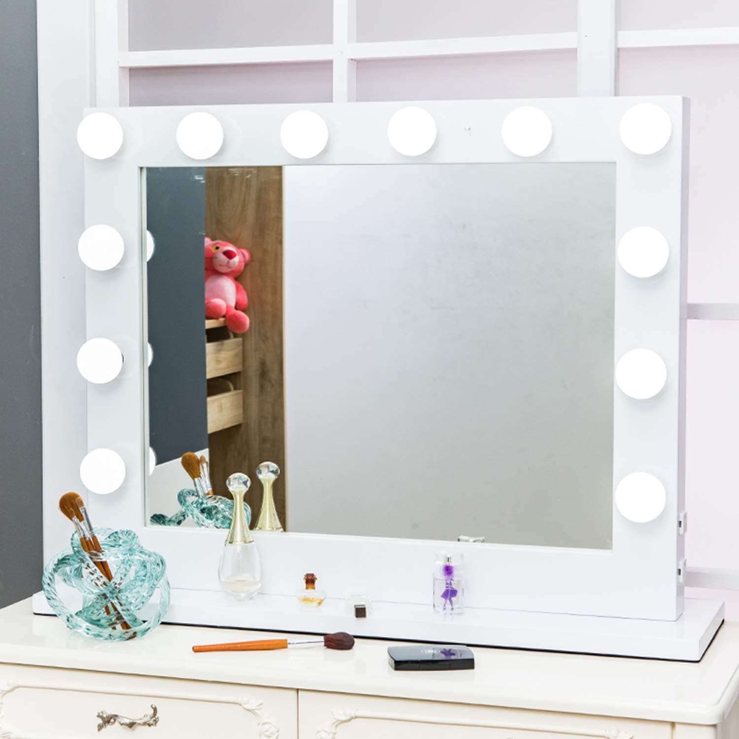Hollywood Style Lighted Vanity Makeup Mirror Dimmable LED Bulbs Whole Metal Frame and Backing Makeup Cosmetic Mirrors (White HF12)