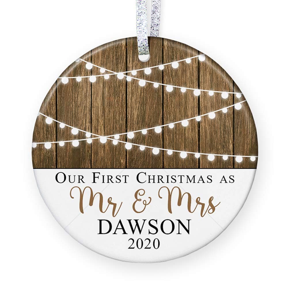 First Christmas as Mr & Mrs Ornament 2021, Personalized Rustic 1st Married Christmas Ornament, Newlyweds Wedding Gift - 3" Flat Circle Porcelain Ceramic Ornament - Gold & Silver Ribbon | PGM-OR-59