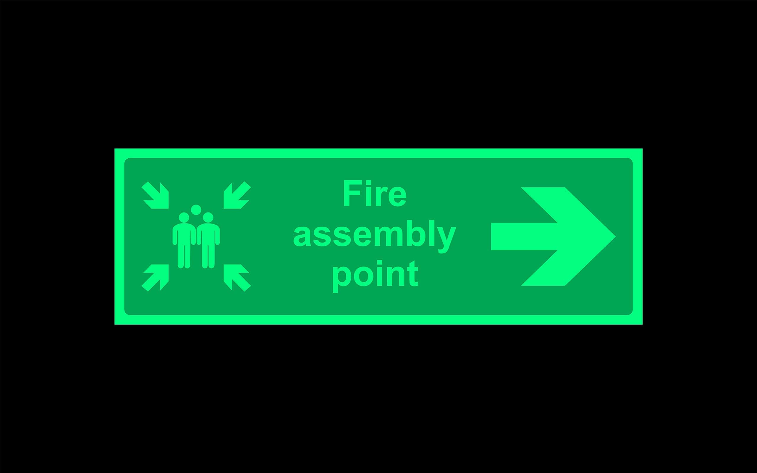 Fire assembly point directional right arrow Safety sign - 1.2mm Photoluminescent glow in the dark rigid plastic with self adhesive backing 450mm x 150mm