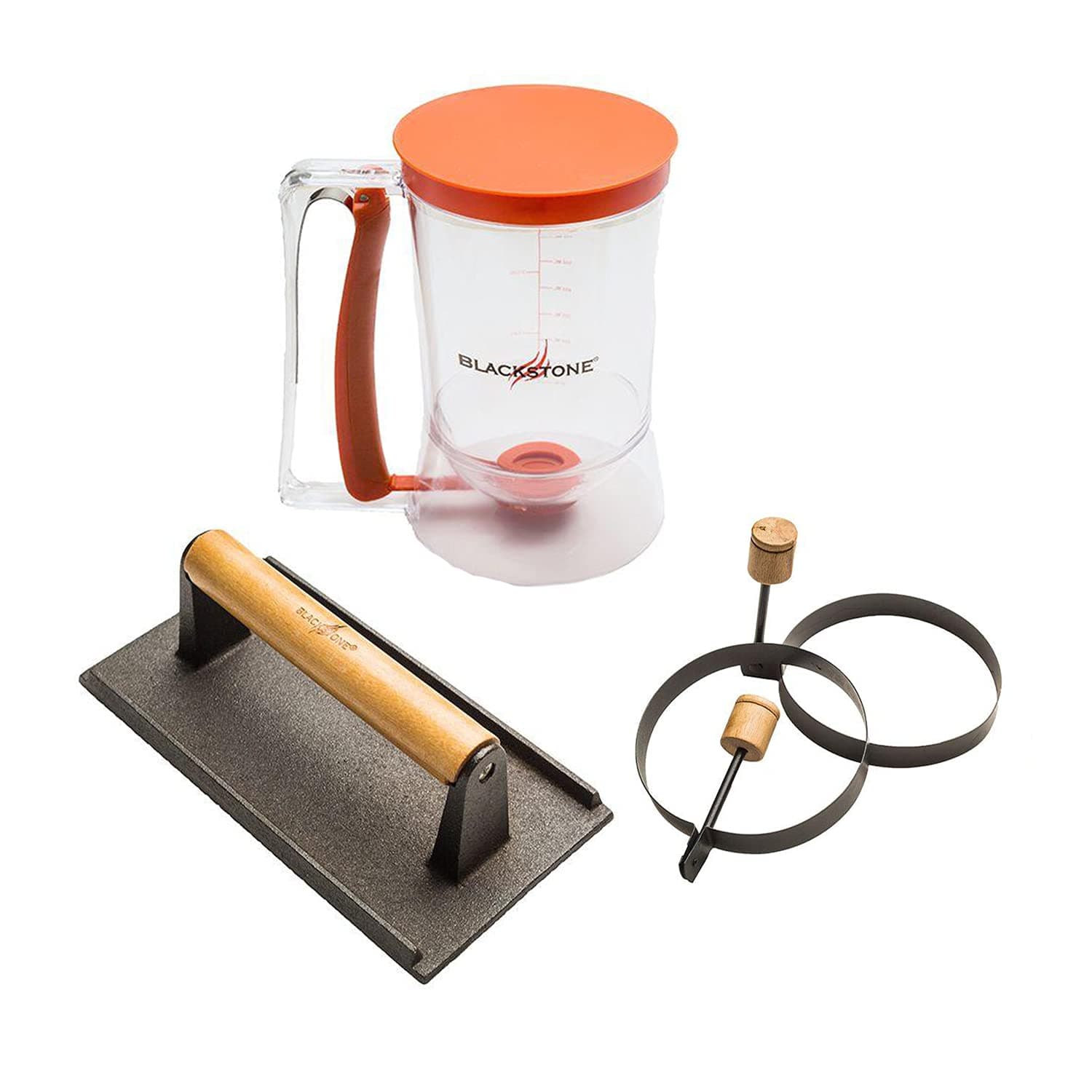 1543 Outdoor Griddle Breakfast Preparation Kit with Pancake Batter Dispenser, Cast Iron Bacon Press, and 2 Non Stick Steel Egg Rings