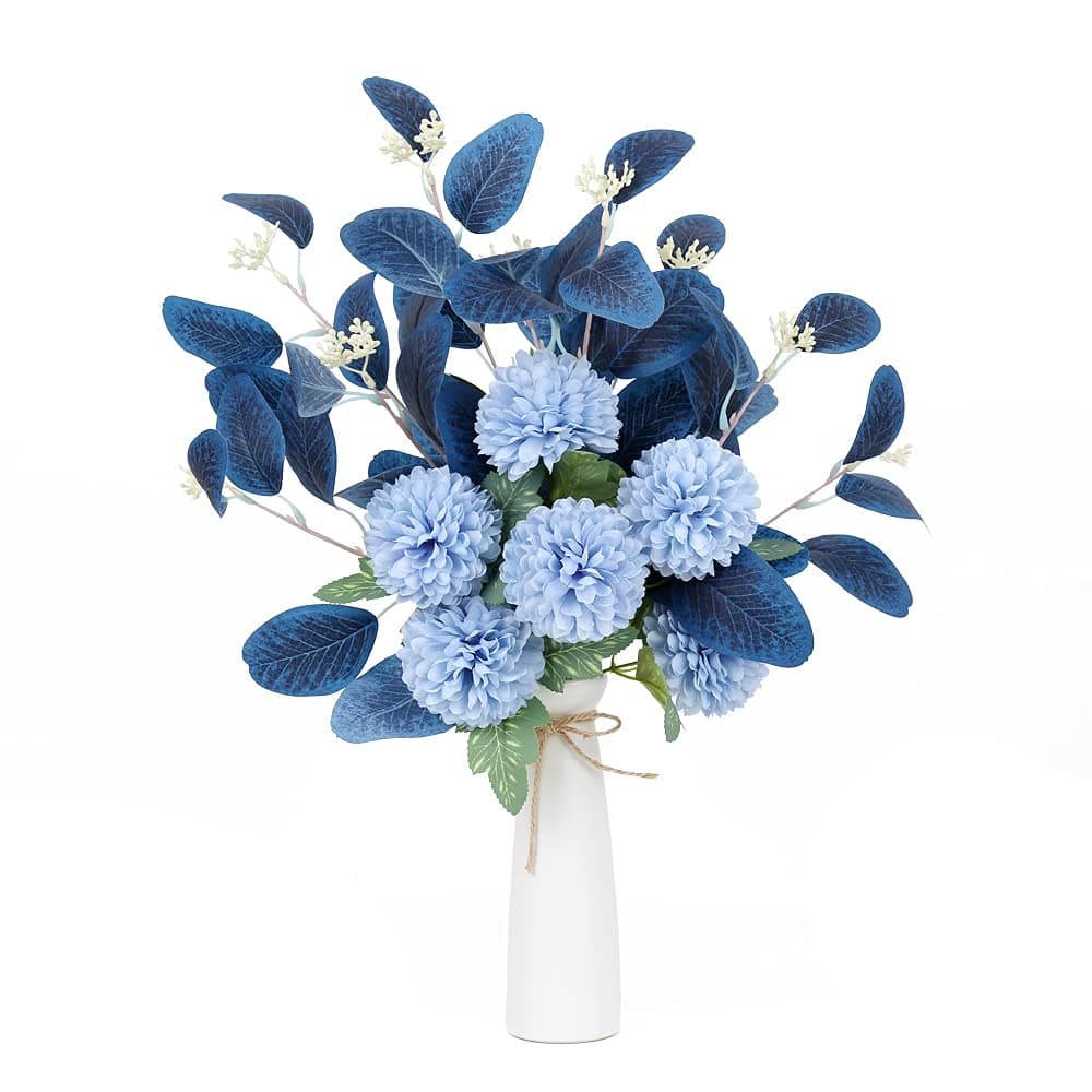 Chrysanthemum Flowers Blue Artificial Eucalyptus Silk Flowers for Home Decor Indoor Dining Table Decor (Dark Blue)