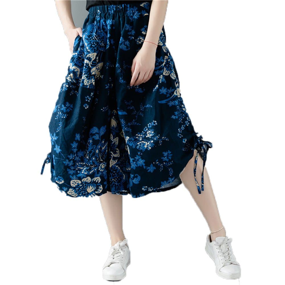 Dinier Girls 2018 Retro Floral Print Wide Leg Pants Casual Elastic Waist Cotton Linen Loose Low Crotch Culottes Trousers