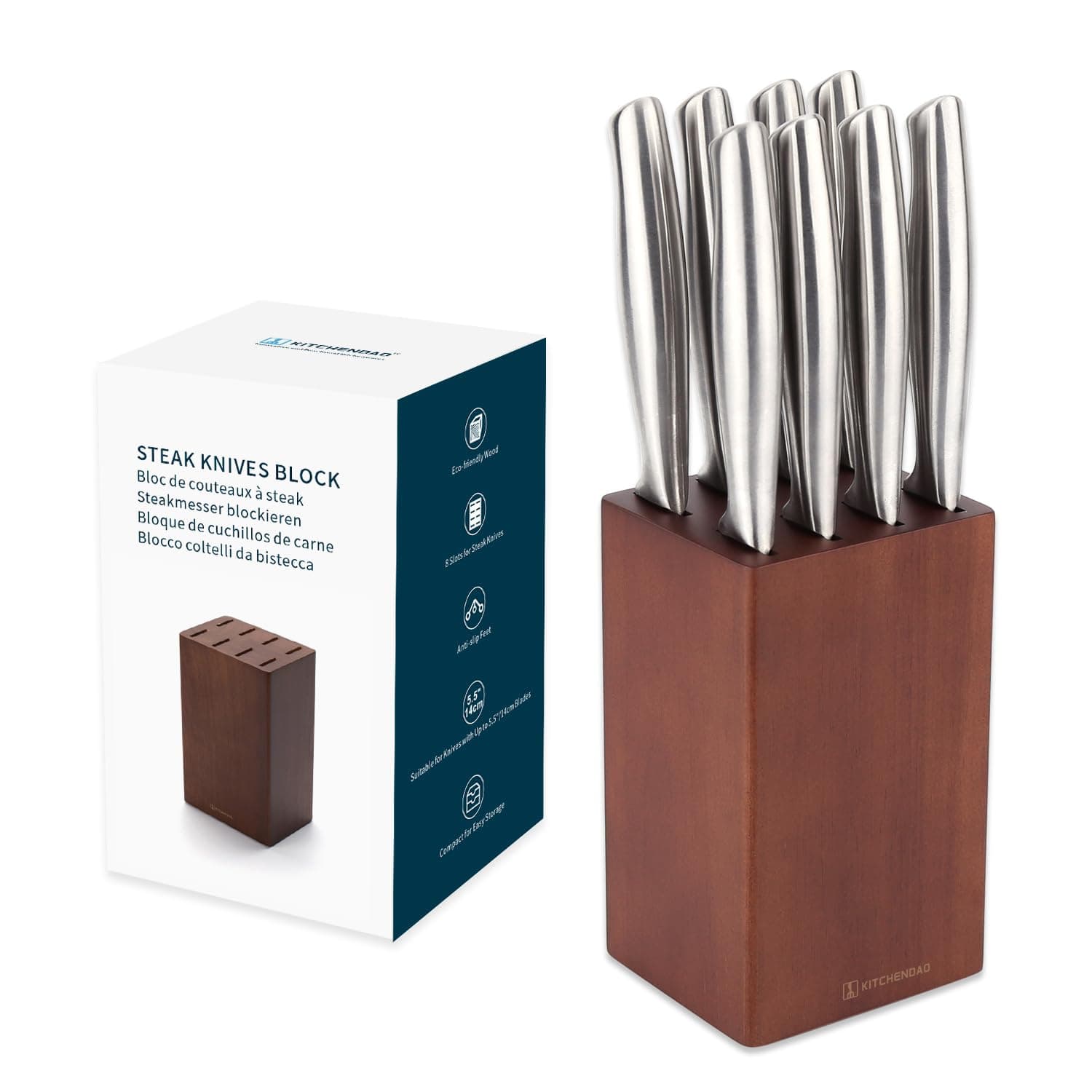 5.5“ Steak Knife Block Holder without Knives with 8 Slots - Wooden Steak Knife Storage Block only - Space Saver-Compact Design Steak Knives Organizer -by KITCHENDAO