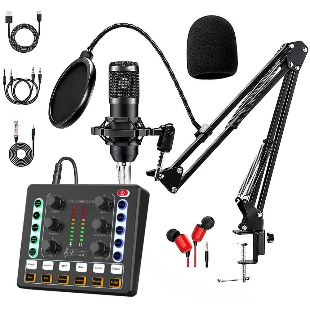 Podcast Equipment Bundle, BM-800 Podcast Microphone Bundle-Voice Changer with live Sound Card-Studio Condenser Microphone for Phone, PC, DJ, Perfect for Recording, Singing, Streaming and Gaming