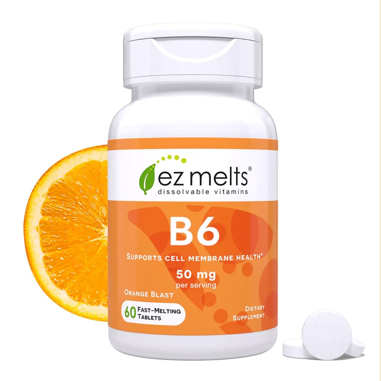 EZ Melts B6 as Pyridoxine, 50 mg, Sublingual Vitamins, Vegan, Zero Sugar, Natural Orange Flavor, 60 Fast Dissolve Tablets