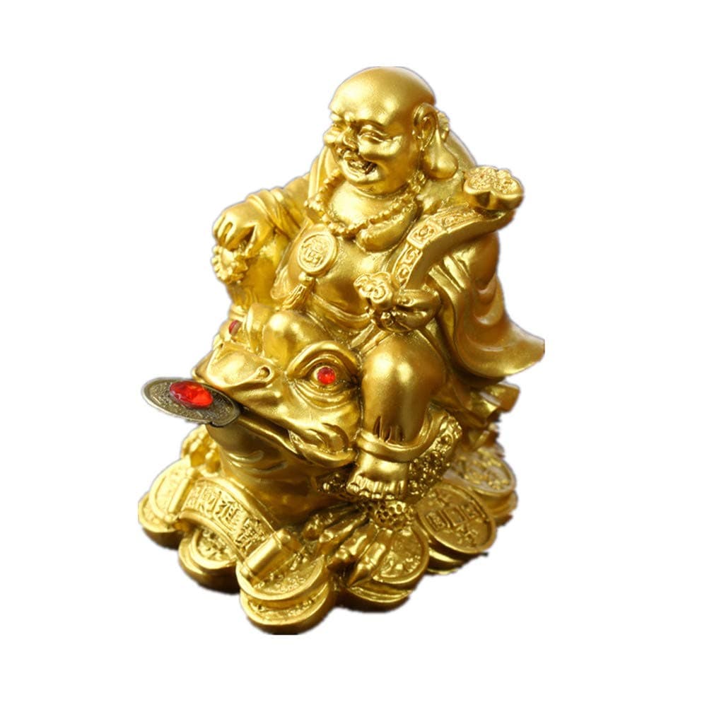 Feng Shui Polyresin Laughing Buddha Sit on Money Frog (Three Legged Toad) Statue Home Office Décor(Gold)