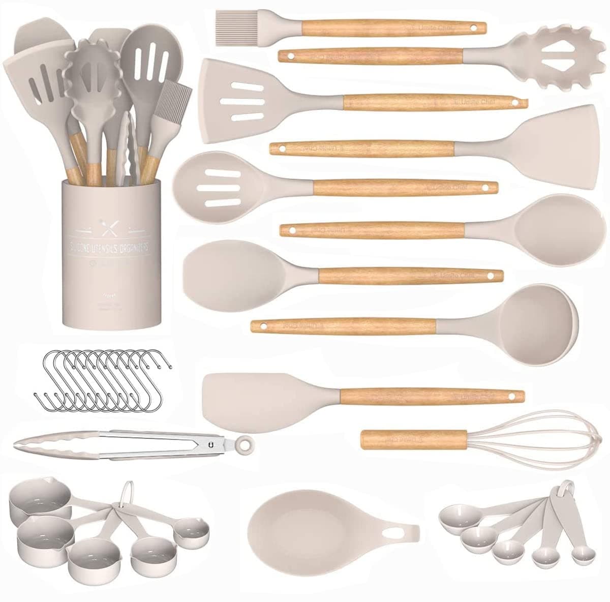 Reliable Arc Kitchen Cooking Utensils Set, 33 pcs Non-Stick Cooking Kitchen Utensils Set with Holder, Wooden Handle Silicone Kitchen Gadgets Utensil Spatula Set (Khaki)