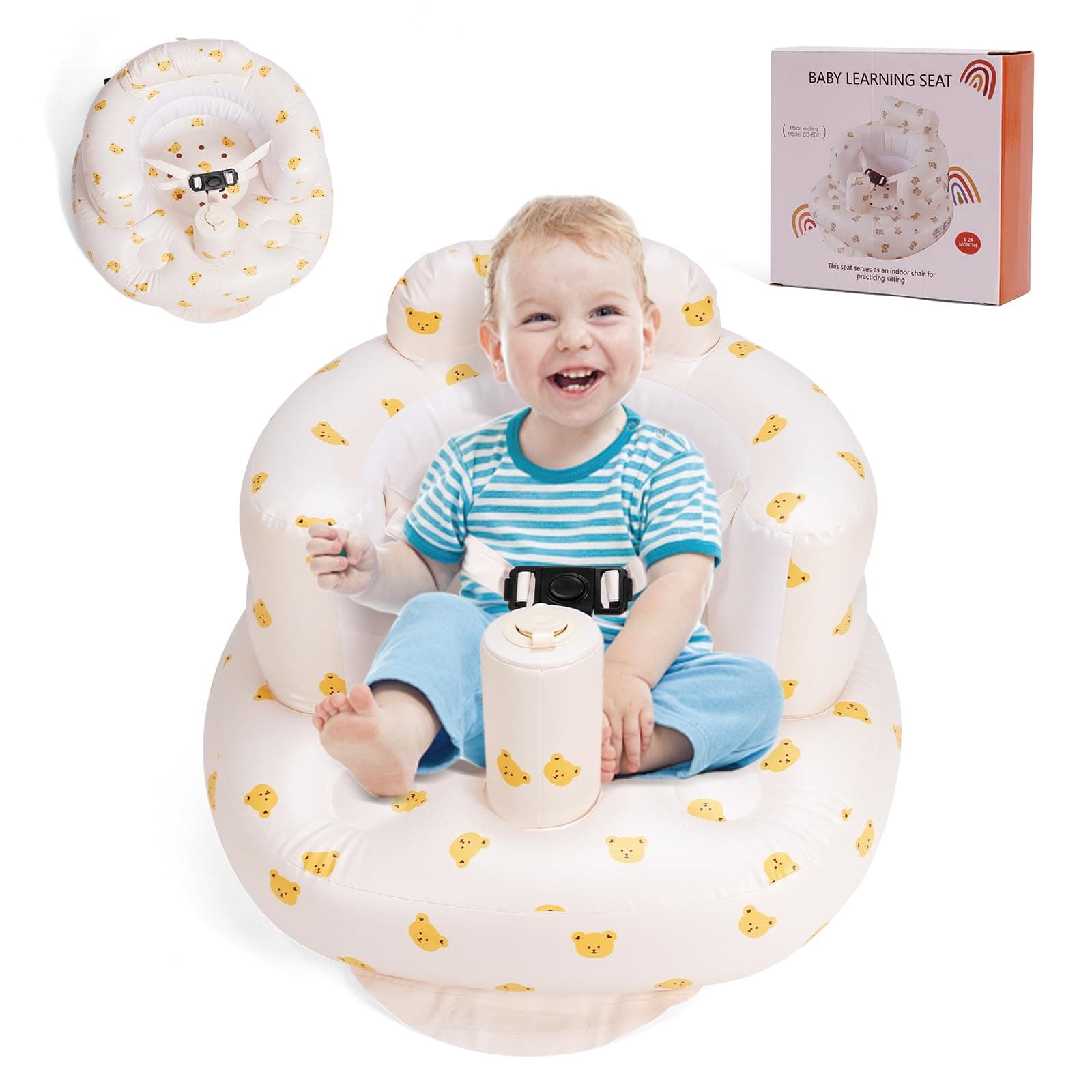 Upgraded Inflatable Baby Seat 3 Months and Up, Inflatable Baby Chair with 3-Point Harness, Blow Up Newborn Chair with Built in Air Pump (Bearhead)
