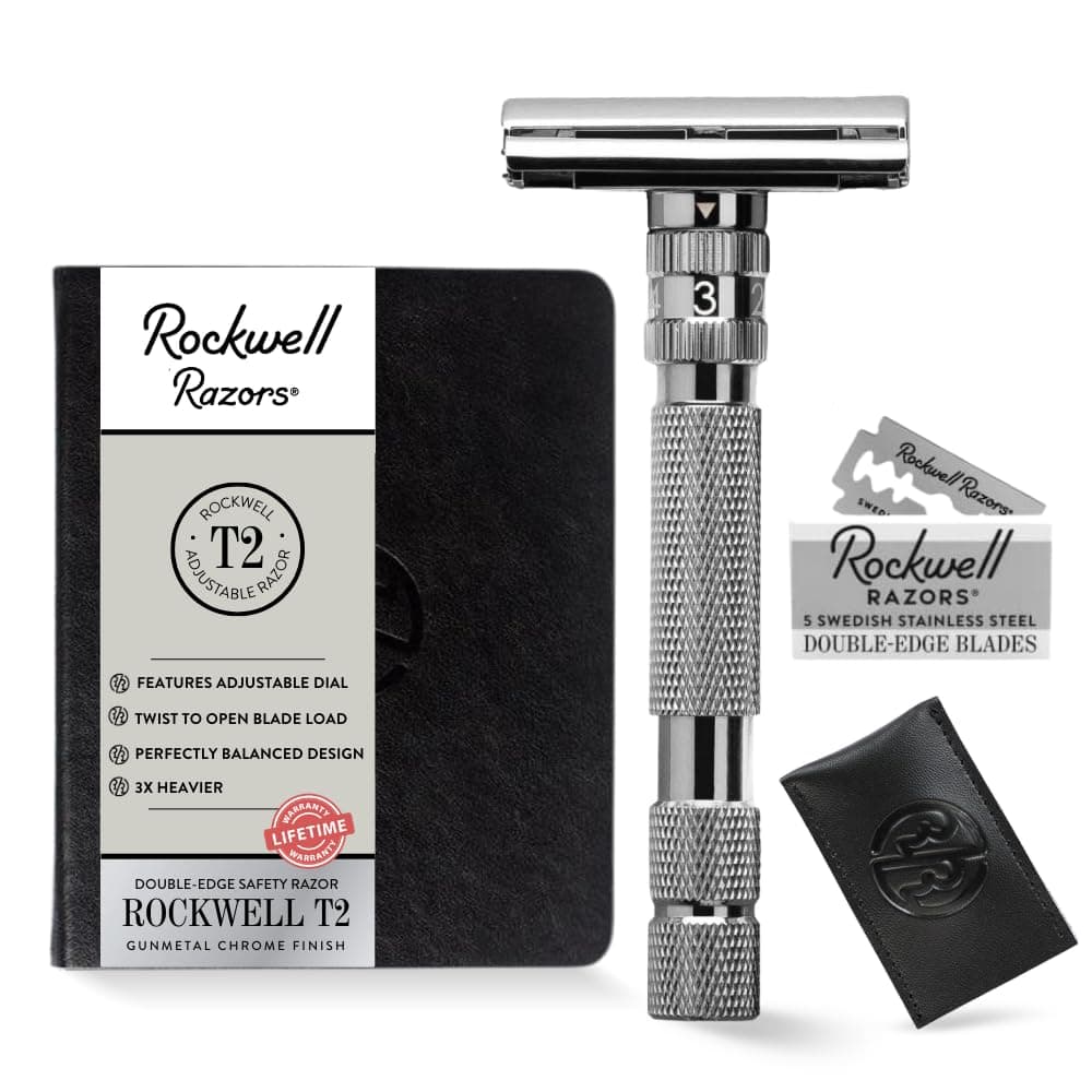 - Rockwell T2 | Twist-To-Open (TTO) Double-Edge Safety Razor | Full Metal | Includes 5 Fully Recyclable Stainless Steel Blades (Gunmetal Chrome)