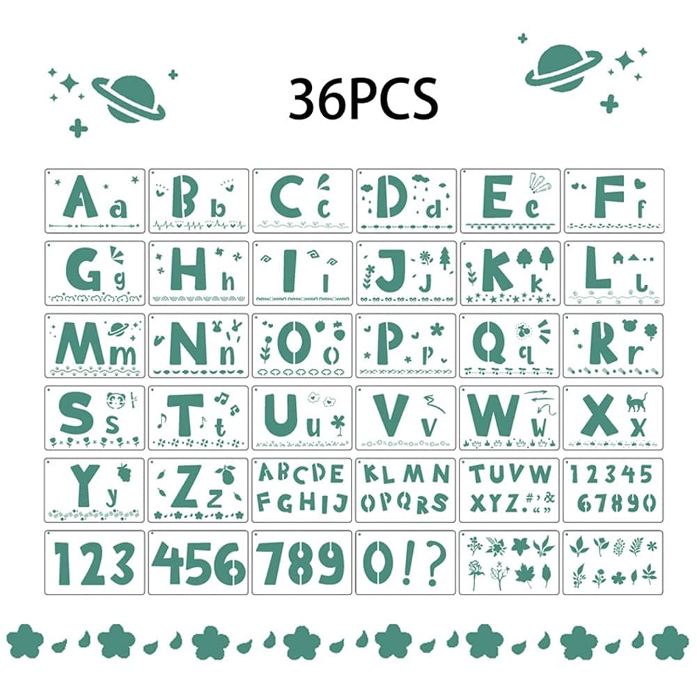 Shuning 36 Pieces Letter Stencils for Painting, Reusable Plastic Template Kit - Alphabet Letter Stencil Templates with Numbers and Little Signs, Symbol, Leaves for Arts Crafts Painting on Wood Canvas
