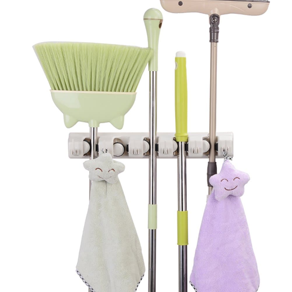 Mop and Broom Holder, 5 Position with 6 Hooks Holds Up to 11 Tools, Multipurpose Wall Mounted Garage Garden Kitchen Tool Organizer Hanger for Rake by JISIMI