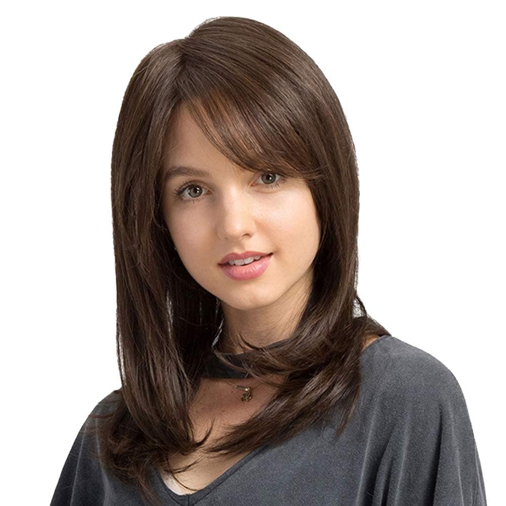 MIKWIG Natural Side Part Bob Straight Long Dark Brown Wigs with Bangs Heat Resistant Synthetic Wig for Women 18 Inches + Wig Cap
