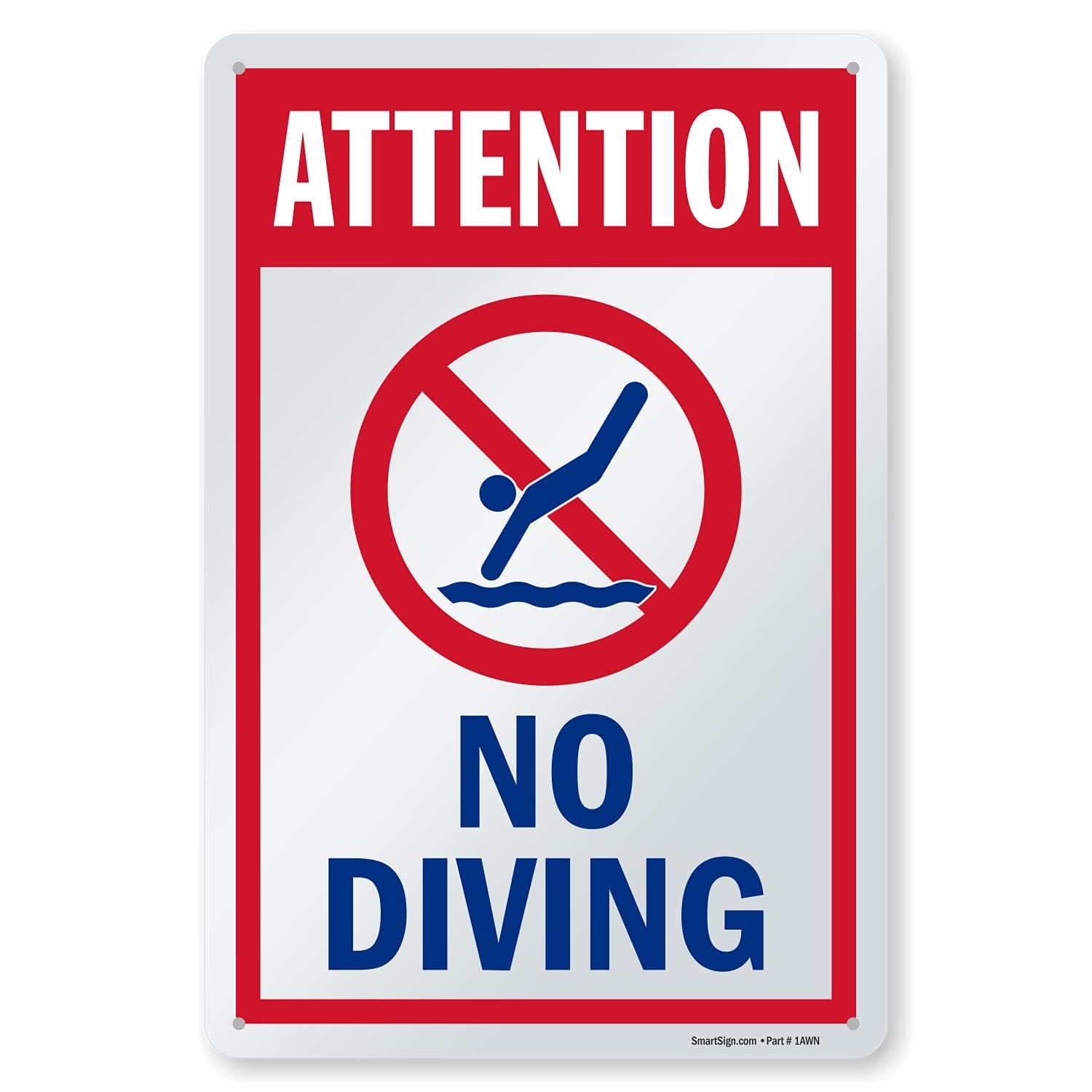 SmartSign 15 x 10 inch “Attention - No Diving” Swimming Pool Sign, Digitally Printed, 55 mil HDPE Plastic, Red, Blue and White