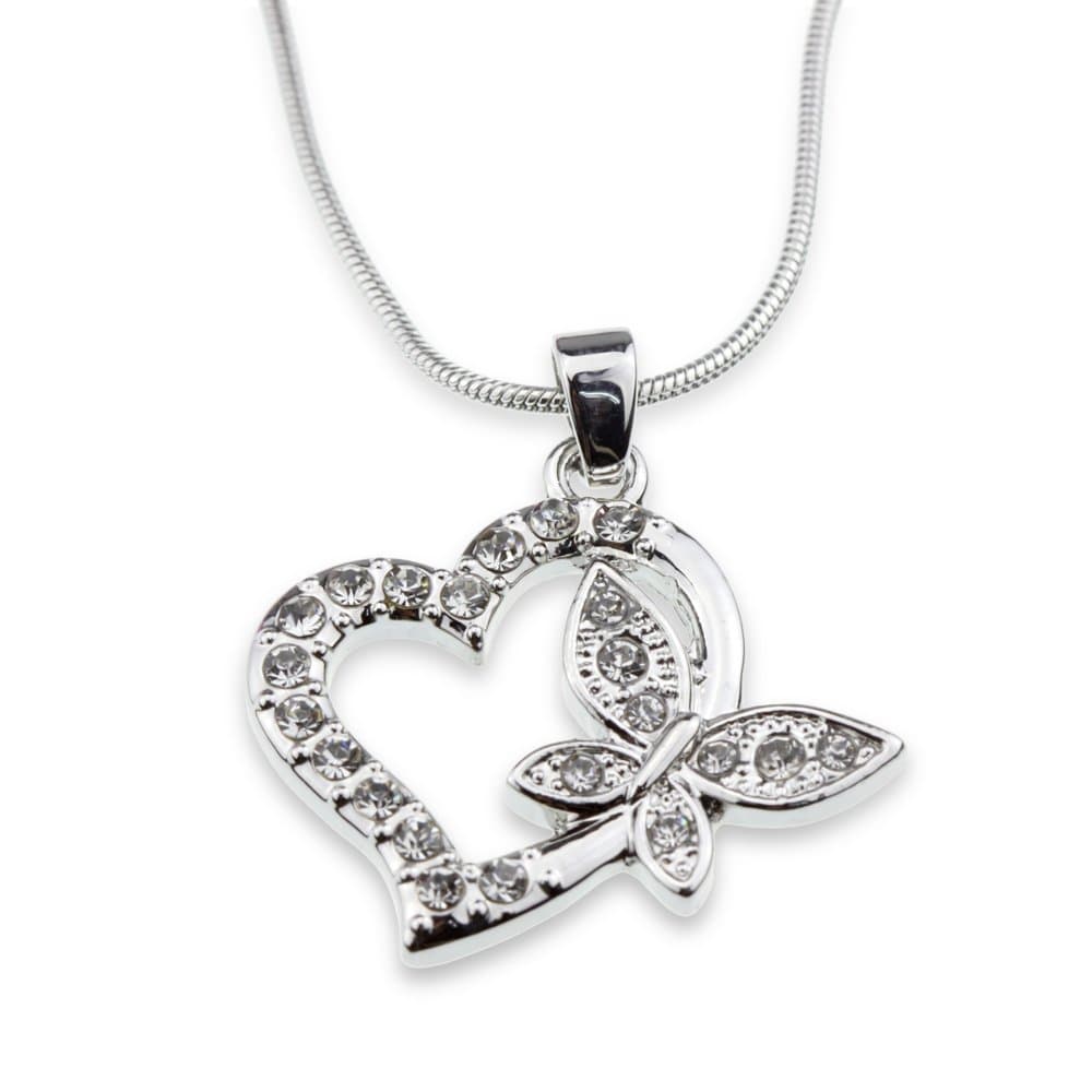 Crystal Heart Butterfly Pendant Silver Love Necklace Anniversary Mother's Day Christmas Jewelry Gift for Daughter Girlfriend Mom Wife Girl Woman