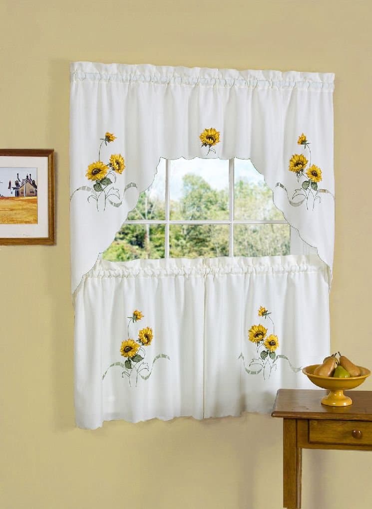 Fancy Sunflower Embroidered Kitchen Curtain 36" Tier Pair & 30" Swag Set