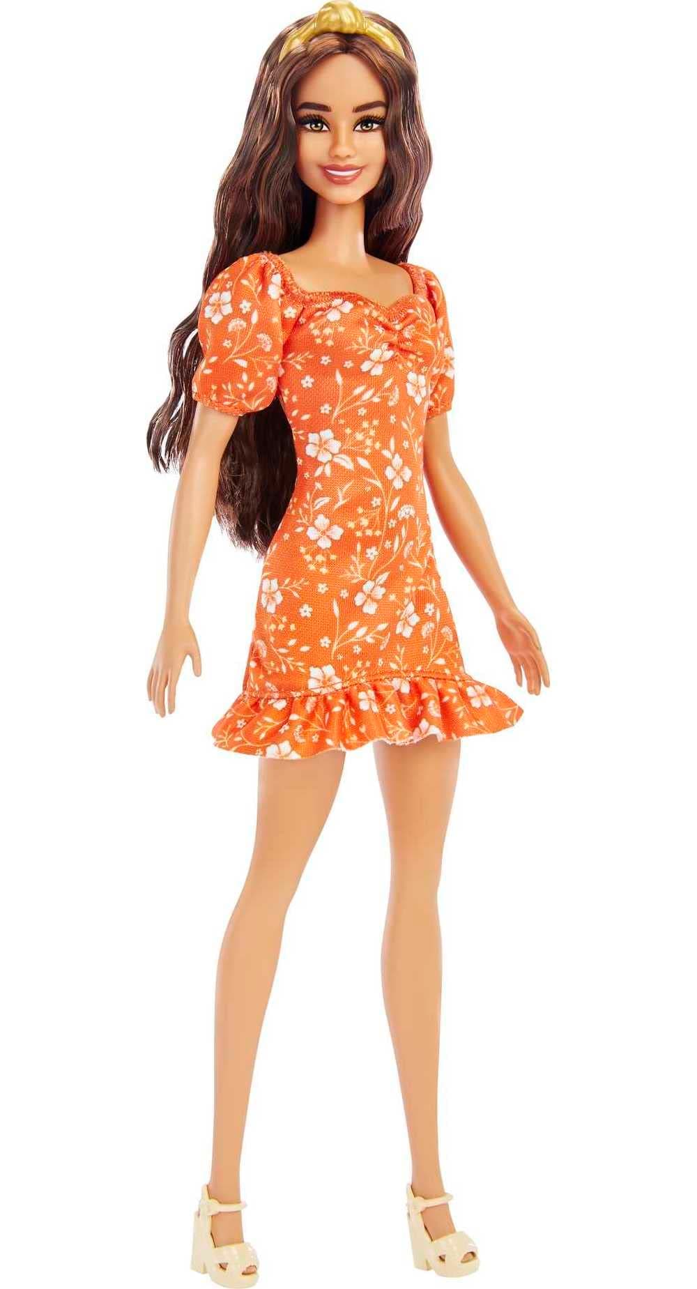 Barbie Fashionistas Doll #182 - Orange Floral Dress with Headband & Heels - Brunette - Fashion Style - Vinyl Storage Bag - Gift for Kids 3+