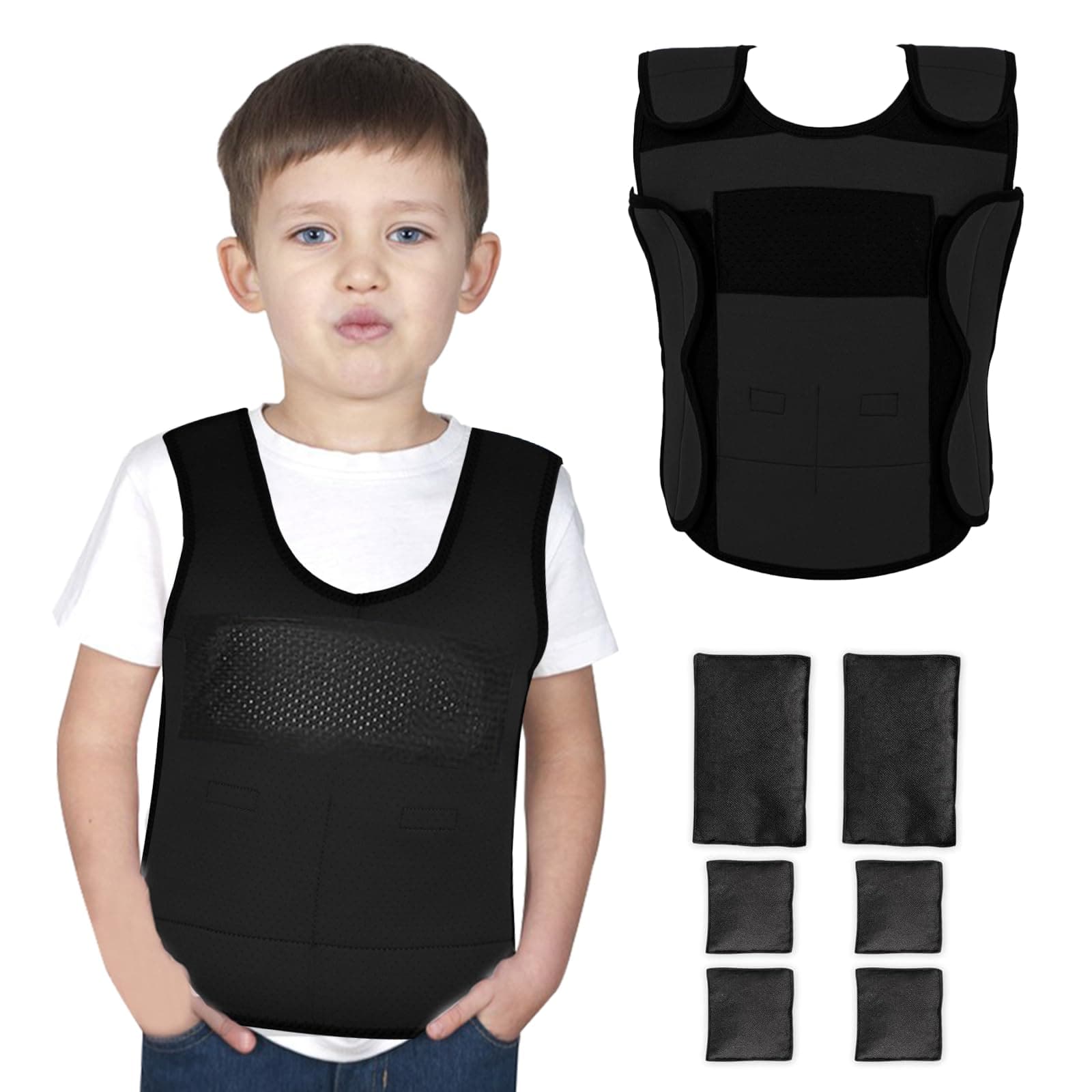 Weighted Vest for Kids (Small, Ages 4 to 7) Compression Vest for Kids Including 6 Removable Weights Black