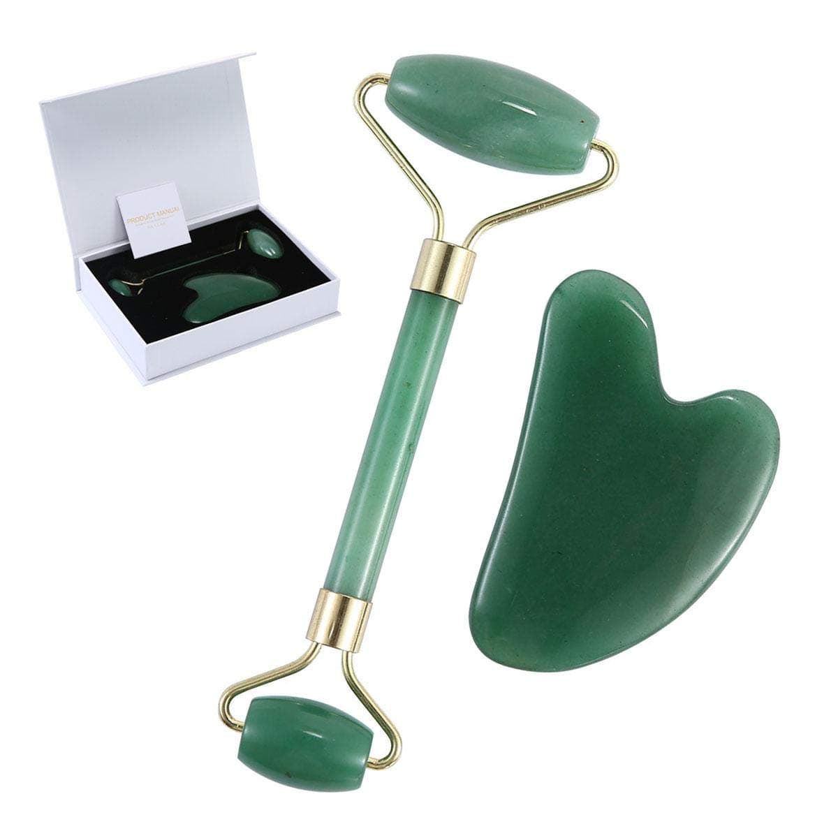 WomdeeJade Roller for Face, Real Natural Gua Sha Tools Set - Anti Aging Facial Massager, No Squeaks Tool for Skin Rejuvenate Therapy Puffiness Treatments, Massage, Anti Aging, Exfoliation, Puffiness