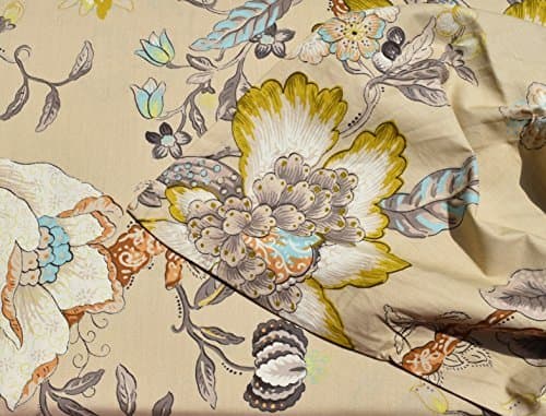 Pastoral Jacobean Flowers Branches 3pc Duvet Cover Set Cottage Style British Colonial Floral Print Golden Tan Cream Taupe Aqua Green Designed in England (King)