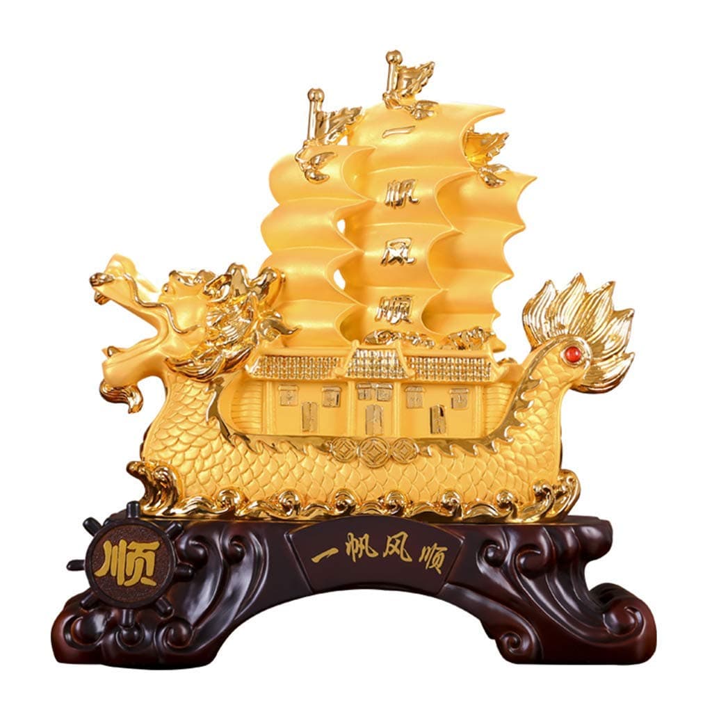 Feng Shui Decor, Golden Sailing Ship Sculptures Chinese OrientalLucky Fortune Wealth Wealth and Prosperity Best Decoration for Office Or Home,Gold_25x11.5x25.5cm/10x4.5x10inch