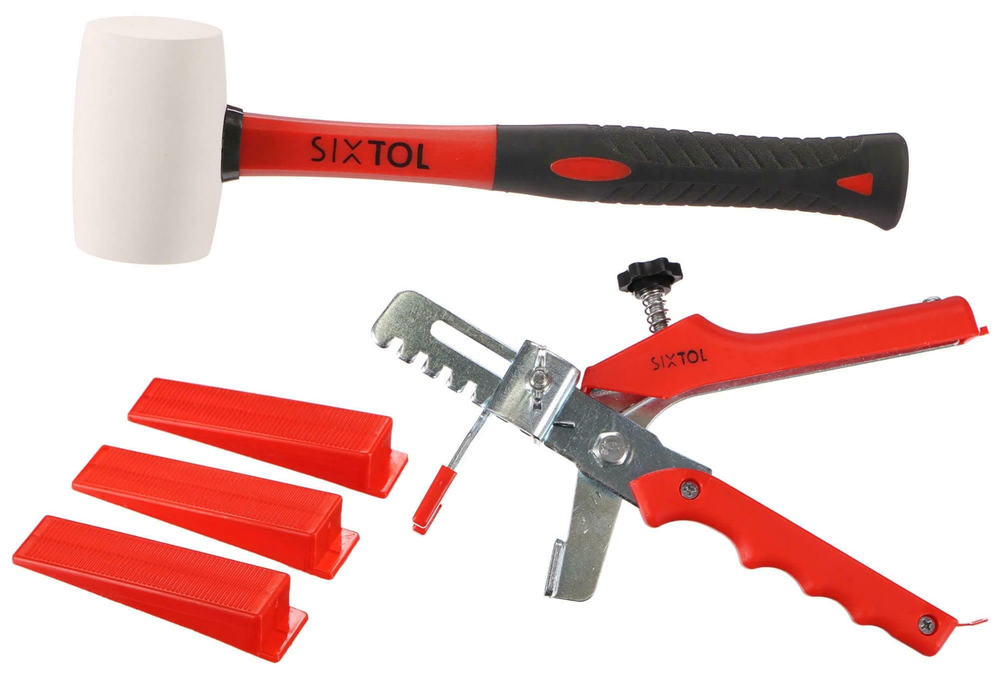 SIXTOLLevel System Starter 1 Floor Leveling Tool Kit | Tile Levelling | Reusable Red Wedges | Leveling Pliers | Rubber Mallet | 100pcs Wedges | Bathroom | Kitchen