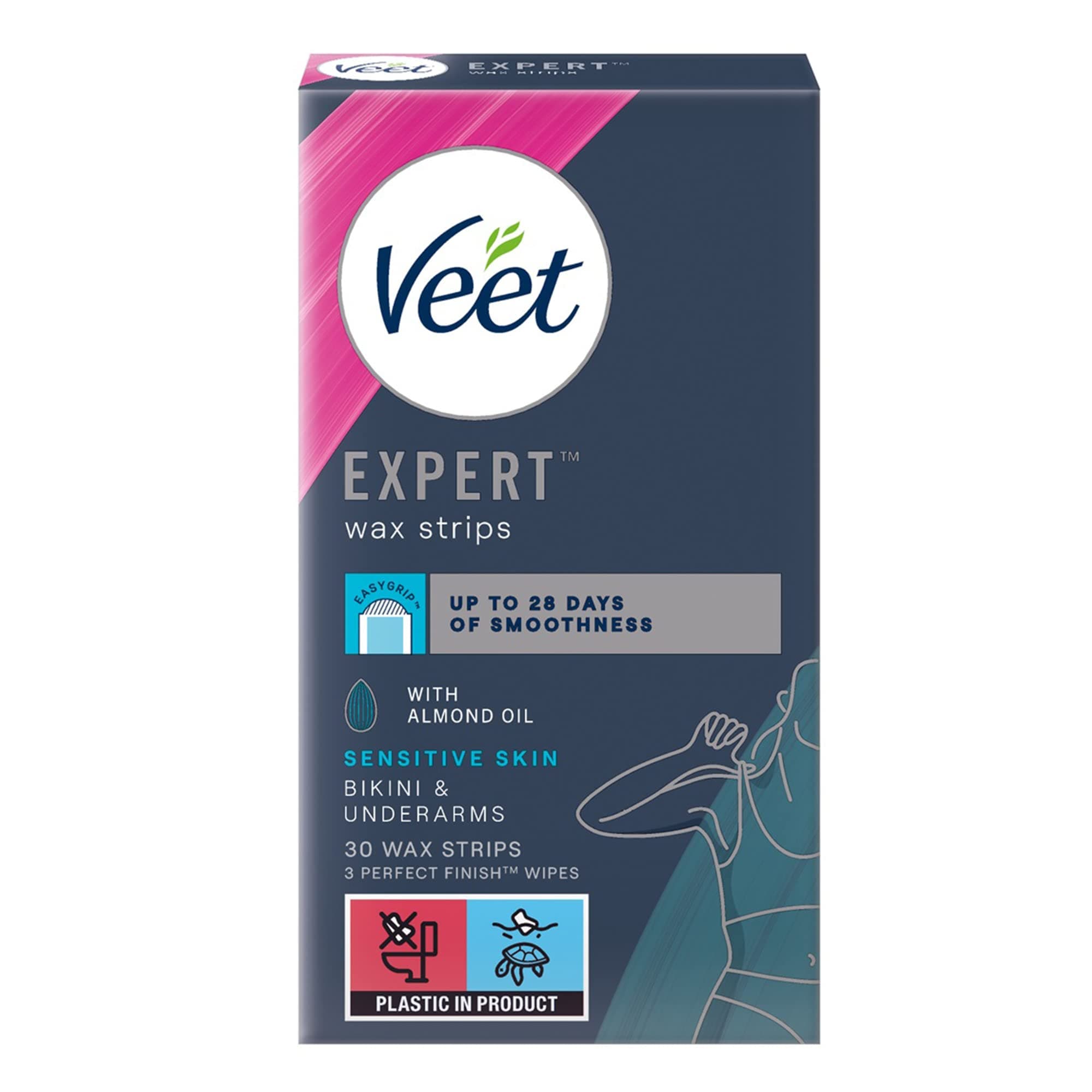 Expert Bikini and Underarm Wax Strips, 30 Count with 3 Finish Wipes, Brazilian & Sensitive Hair Removal, Almond Oil, Dermatologically Tested, Nose Kit for Men