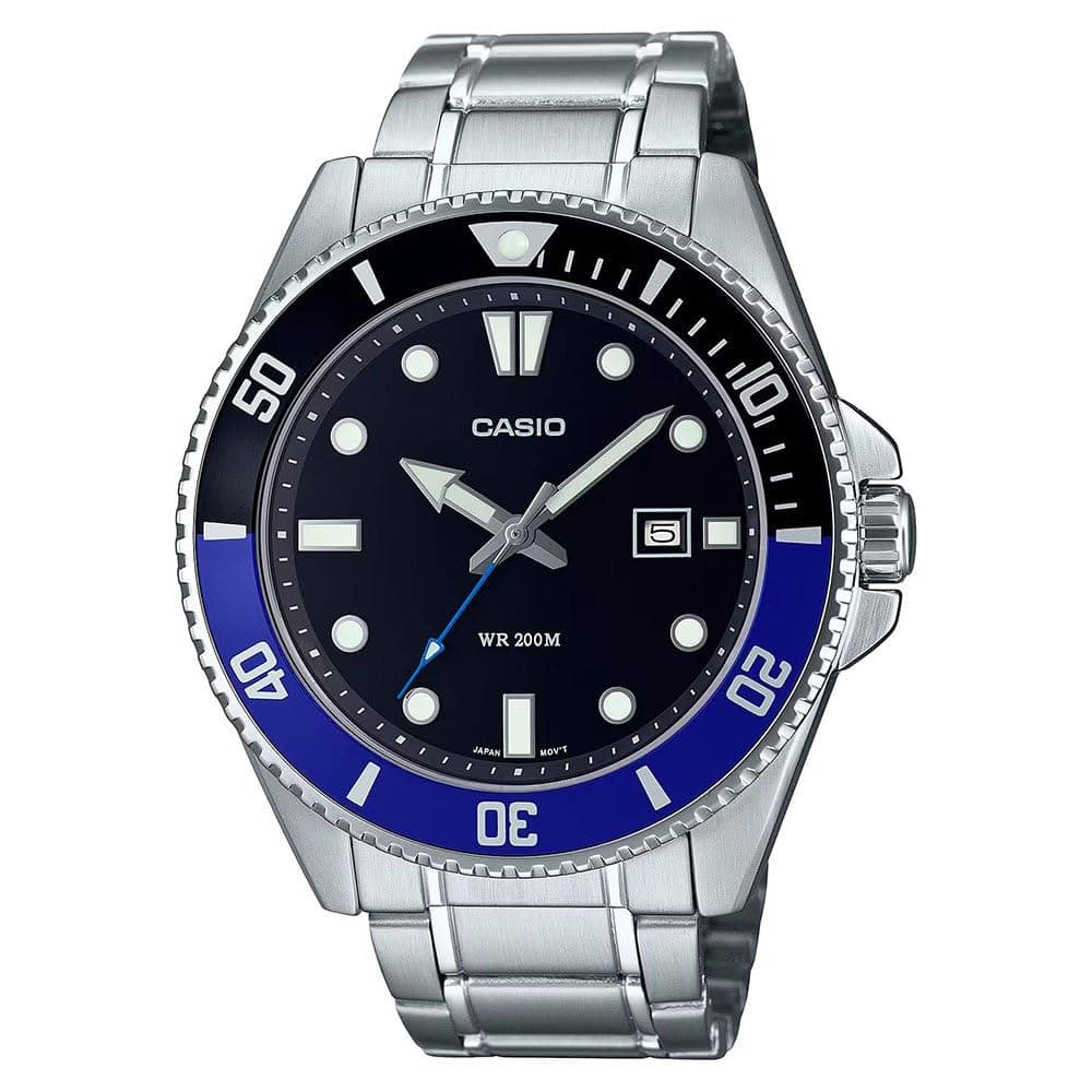 MDV107D-1A2V Men's Stainless Steel 200M Blue Bezel Black Dial 3-Hand Analog Dive Sports Watch