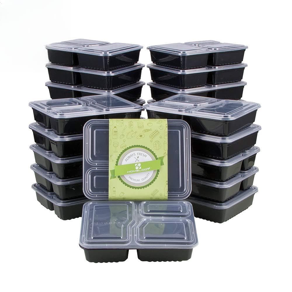 HOMELODY Food Containers with 3 Compartments 20-Pack Meal Prep Containers with Lids 1000ml BPA Free Reusable Bento Boxes Set Microwave Freezer Dishwasher Safe