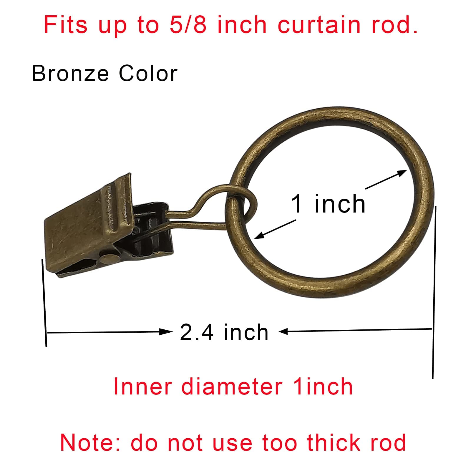 AMZSEVEN 44 Pack Metal Curtain Rings with Clips, Drapery Clips with Rings, Drapes Rings 1 in I D, Fits Diameter 6/8 in Curtain Rod, Vintage Bronze