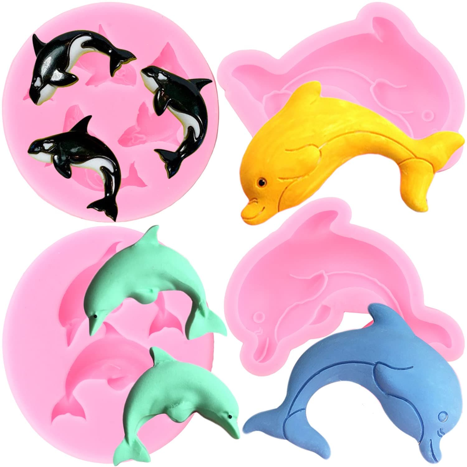 ZiXiang Dolphin Silicone Molds Whale Fish Fondant Mold Killer Whale Candy Mold For Cake Decoration Cupcake Topper Polymer Clay Chocolate Gum Paste Set Of 4