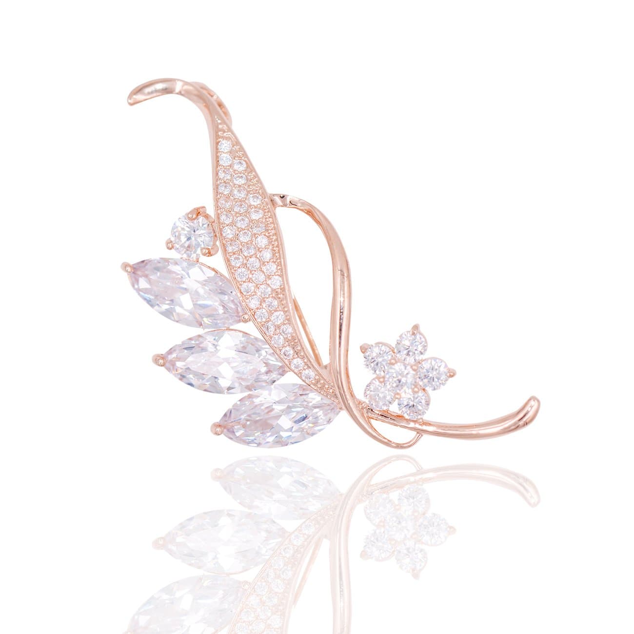 HanieSilver Brooch for Women, 18K Gold-Plated, White Cubic Zirconia, Floral Design, Wedding Dresses or Evening Wear