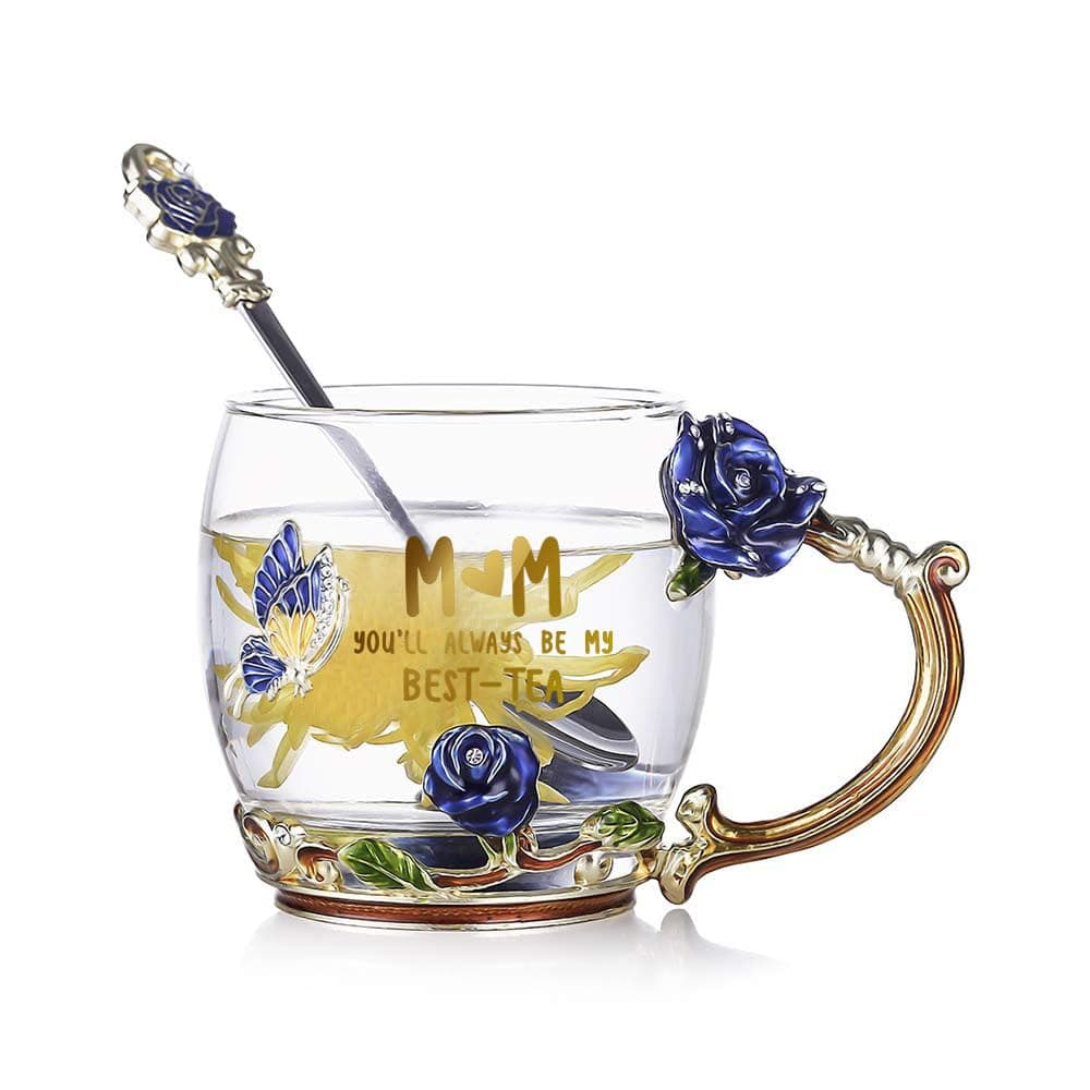 Mothers Day Gifts Butterfly Flower Glass Coffee Mugs Tea Cup with Steel Spoon, Mum Gifts for Women Wife Friends Christmas Birthday Mothers Valentines Day (Mum)